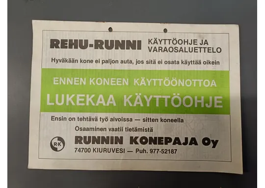 Rehu-Runni rehuleikkuri / Käyttöohje ja varaosaluettelo
