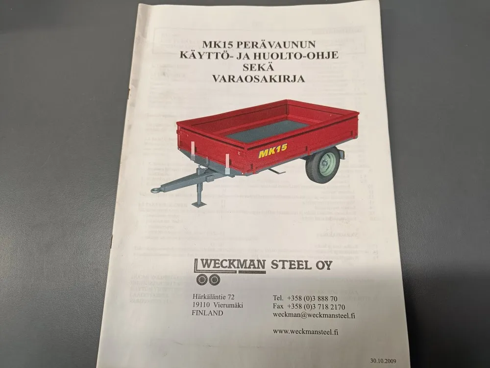 MK15 perävaunun / Käyttö- ja huolto-ohje sekä varaosakirja