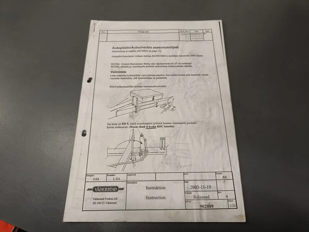 Väderstad autopilot / Asennusohjeet