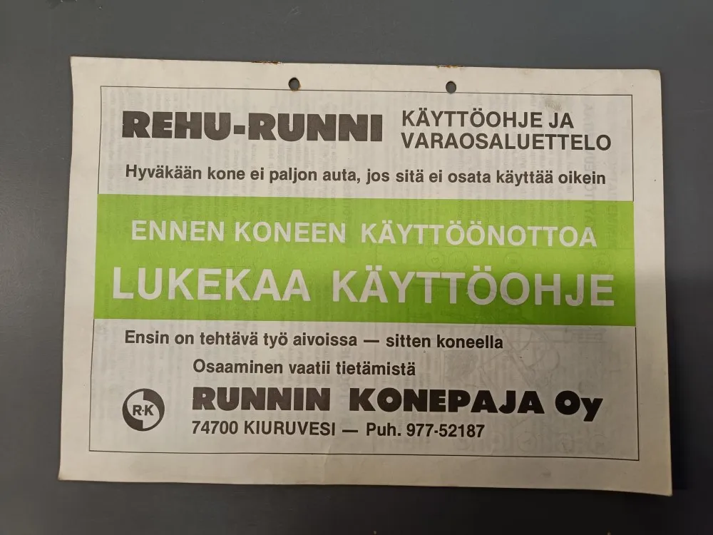 Rehu-Runni rehuleikkuri / Käyttöohje ja varaosaluettelo