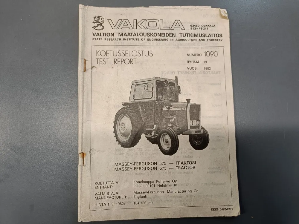 Vakola koetusselostus numero 1090 / Massey Ferguson 575 traktori