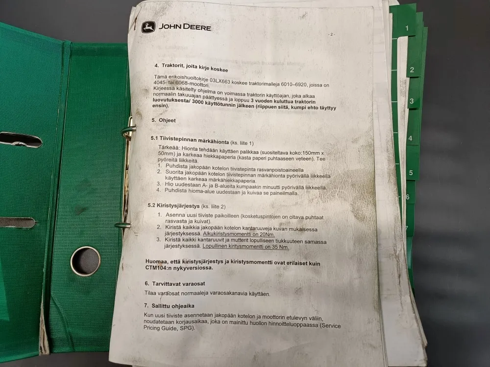 John Deere, Sampo ja Avant / Huolto- ja varaosatiedotteita