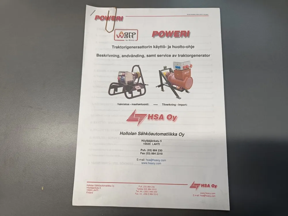 Poweri traktorigeneraattori / Käyttö- ja huolto-ohje