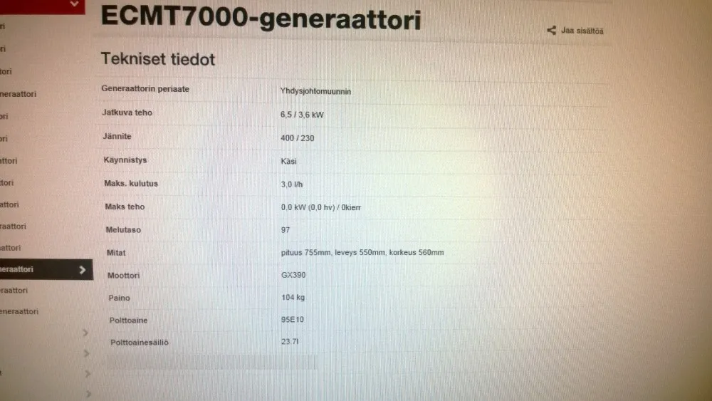 Honda ECMT 7000 agregaatti / Teho 6,5 kW